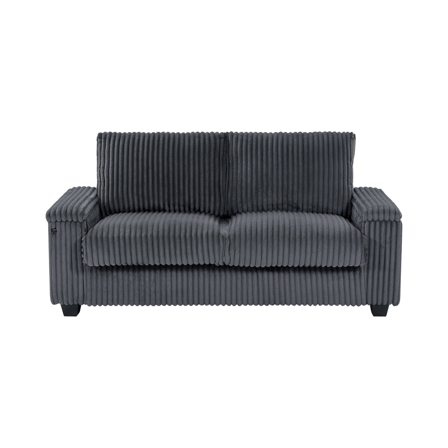 Divano a due posti in tessuto grigio scuro 71 con bracciolo contenitore quadrato e porta USB per soggiorno