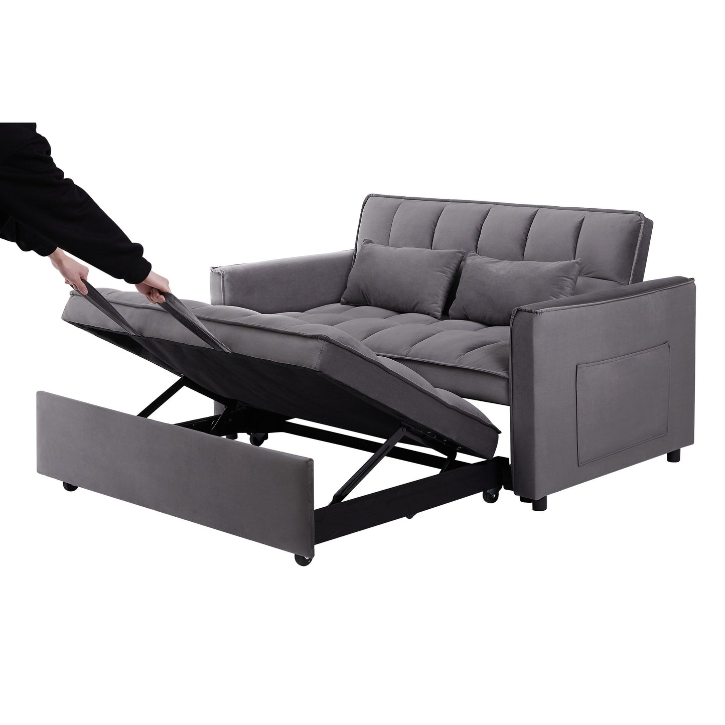 Divano letto a due posti grigio scuro con borsa portaoggetti