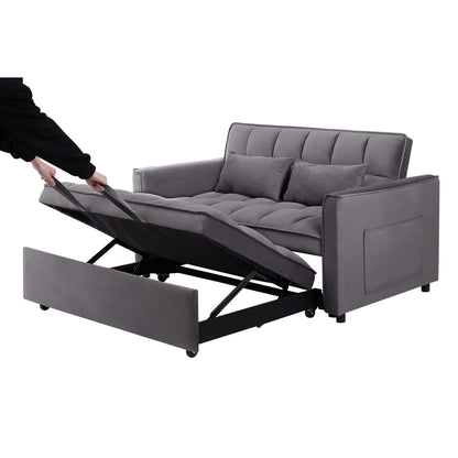 Divano letto a due posti grigio scuro con borsa portaoggetti