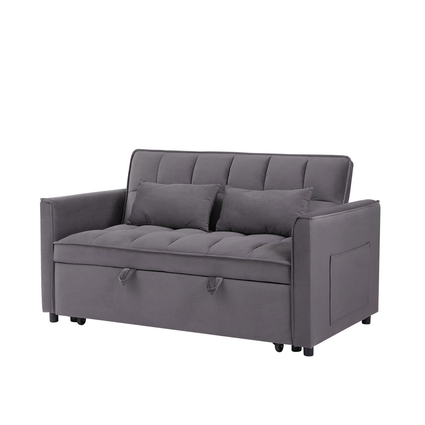 Divano letto a due posti grigio scuro con borsa portaoggetti