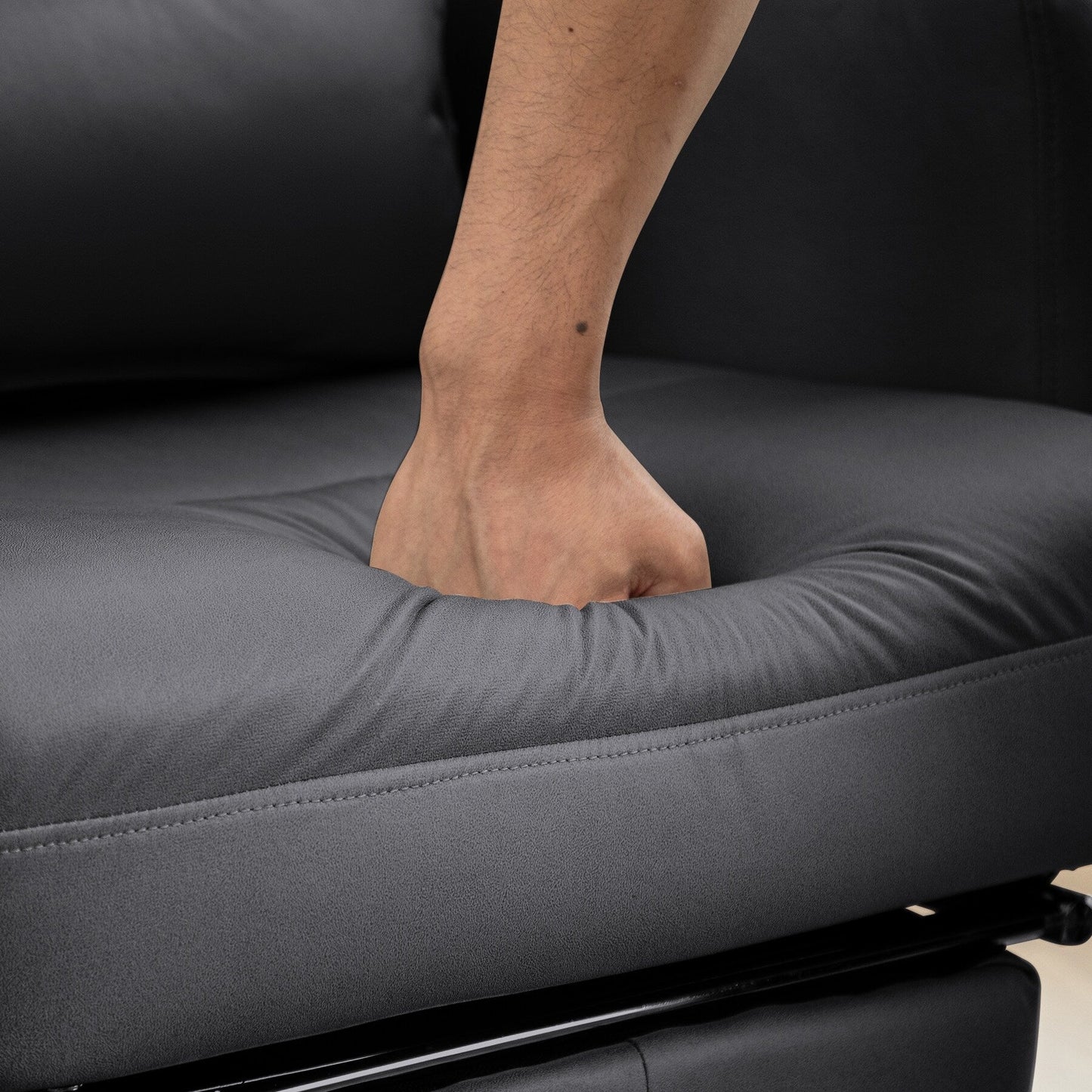 Poltrona reclinabile manuale da ufficio girevole a 360° in pelle grigio scuro con supporto lombare, poggiatesta, poggiapiedi, altezza regolabile