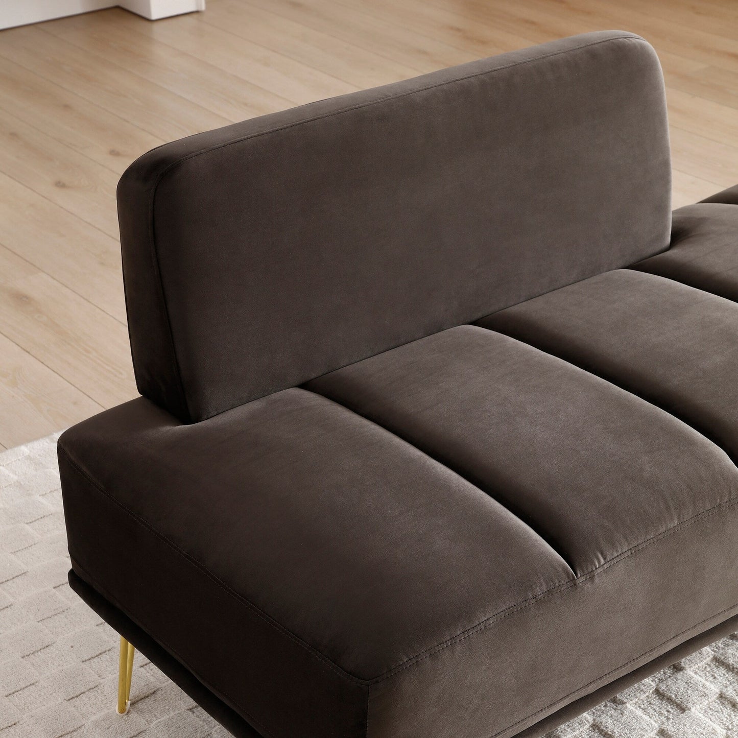 Panca a due posti imbottita grigio scuro con gambe dorate