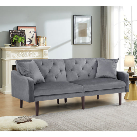 Divano letto a 3 posti in velluto grigio scuro con cuscini decorativi e struttura in legno