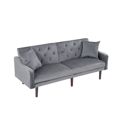 Divano letto a 3 posti in velluto grigio scuro con cuscini decorativi e struttura in legno