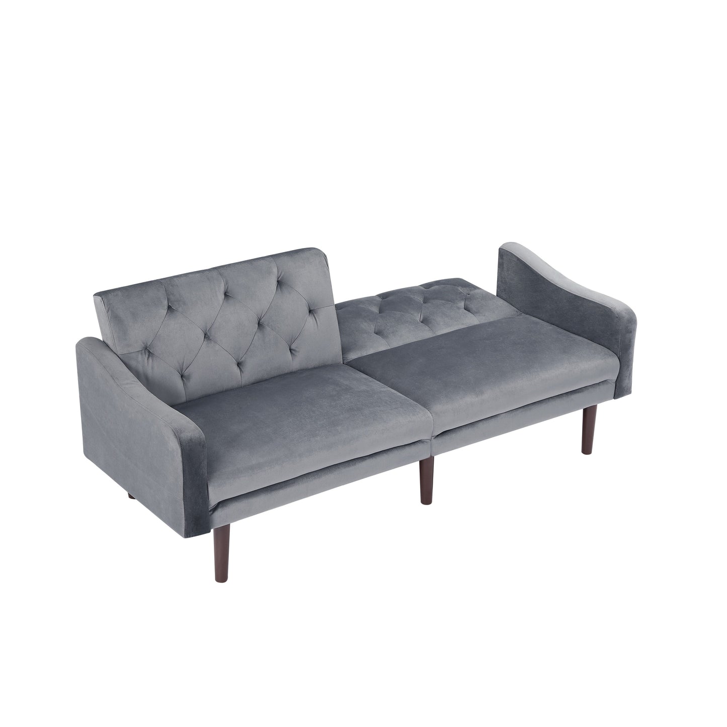 Divano letto a 3 posti in velluto grigio scuro con cuscini decorativi e struttura in legno