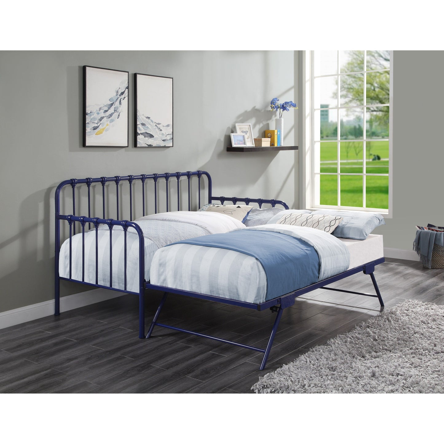 Divano letto con rotelle sollevabili, 1 pezzo, finitura blu navy, struttura in metallo, design classico, mobili per la casa
