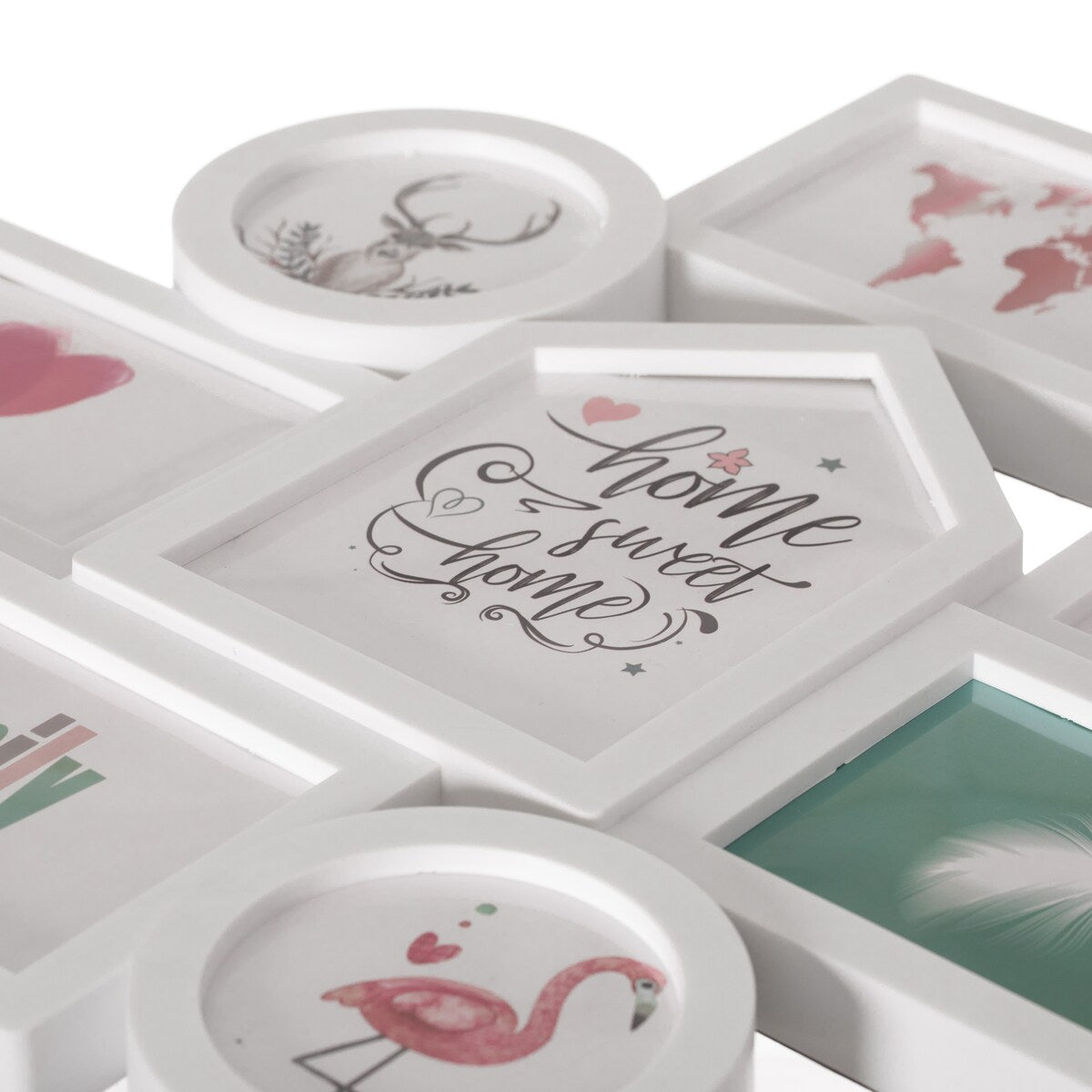 Cornice portafoto moderna decorativa da parete per collage di 8 foto di diverse dimensioni, bianca