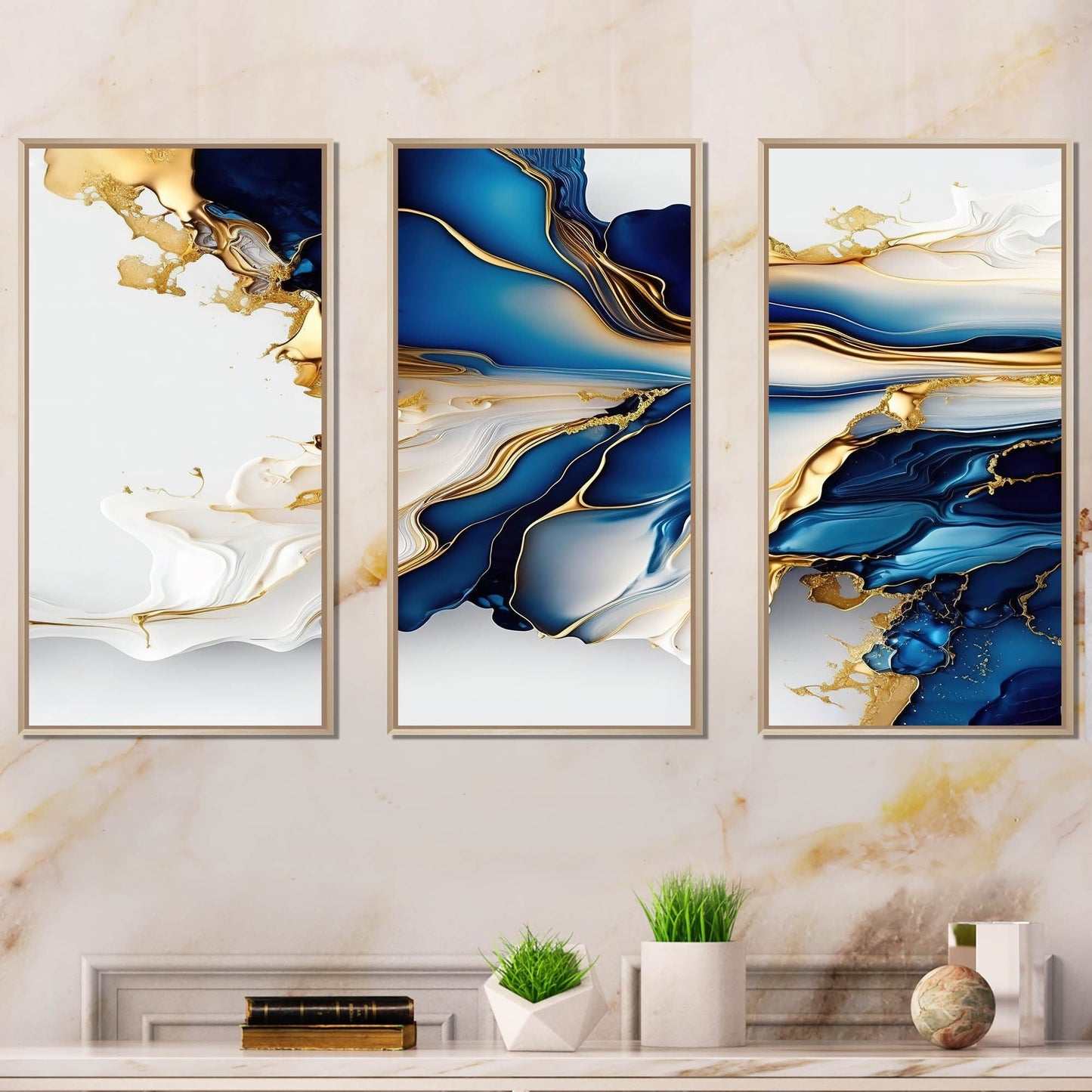 Designart Abstract Geode Gold And Blue Marble Shape III Modern Geometric Framed Canvas Art Print - 3 Pannelli