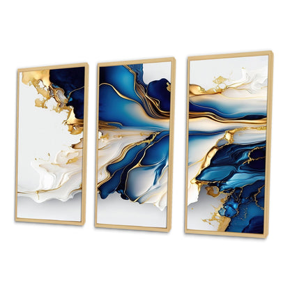 Designart Abstract Geode Gold And Blue Marble Shape III Modern Geometric Framed Canvas Art Print - 3 Pannelli