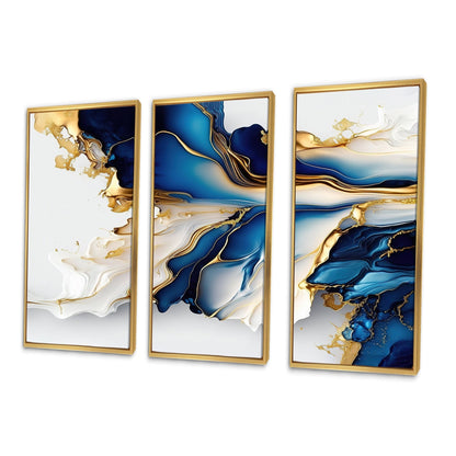 Designart Abstract Geode Gold And Blue Marble Shape III Modern Geometric Framed Canvas Art Print - 3 Pannelli
