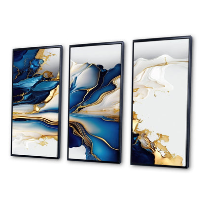 Designart Abstract Geode Gold And Blue Marble Shape III Modern Geometric Framed Canvas Art Print - 3 Pannelli