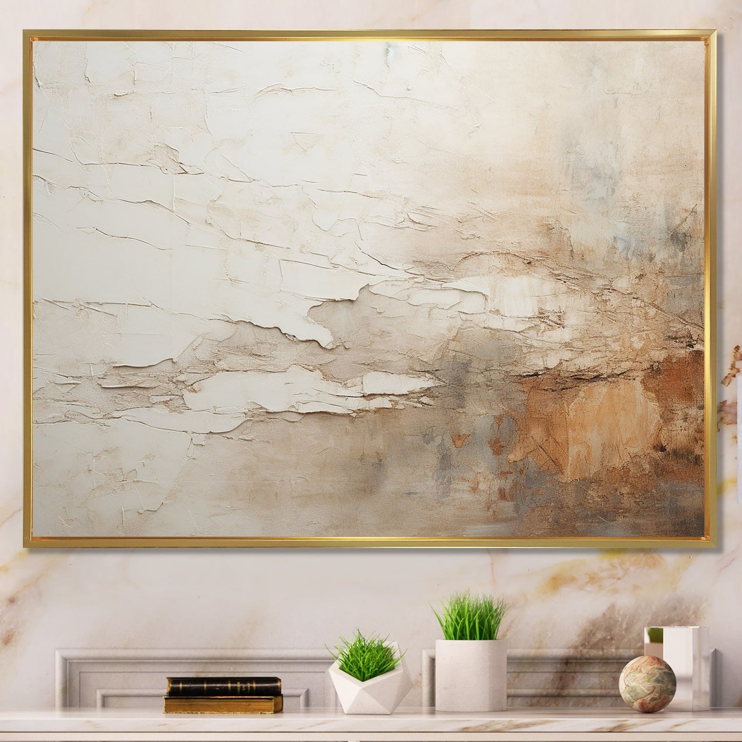 Designart Beige e Marrone Pittura Astratta Fusione Quadro Incorniciato Arte Murale Soggiorno
