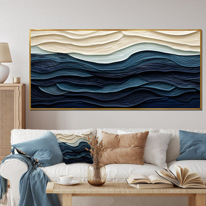 Designart, decorazione da parete blu con onde costiere bianche e blu, minimalismo costiero, tela incorniciata per soggiorno costiero