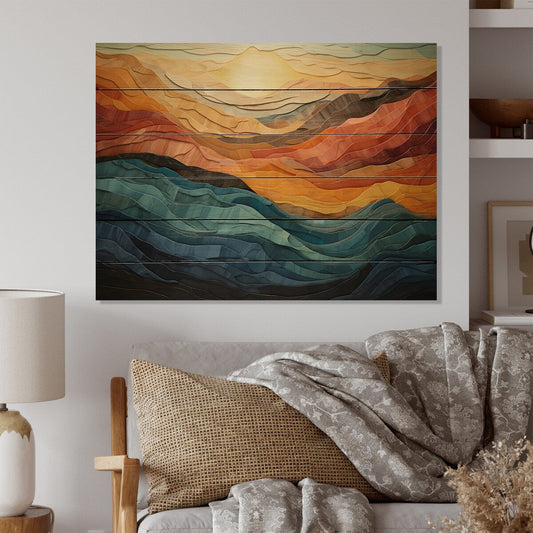 Designart Coral Teal Bold Mountains Landscape Stampa moderna su legno di pino naturale