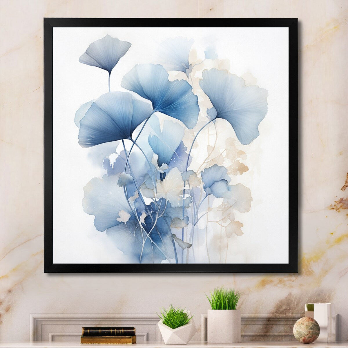 Designart Delicate foglie di ginkgo blu su foglie bianche ad acquerello, arte murale incorniciata per soggiorno