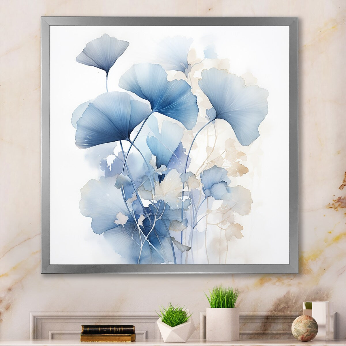 Designart Delicate foglie di ginkgo blu su foglie bianche ad acquerello, arte murale incorniciata per soggiorno