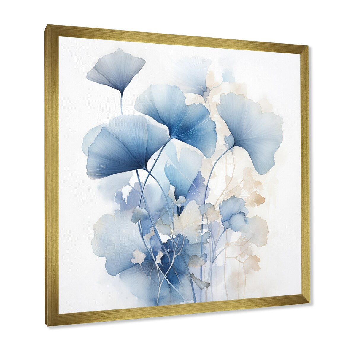 Designart Delicate foglie di ginkgo blu su foglie bianche ad acquerello, arte murale incorniciata per soggiorno