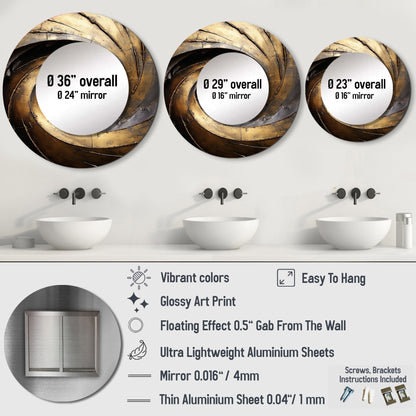 Specchio da soggiorno Designart Gold Black Timeless Turn con spirali astratte - Specchio rotondo grande moderno color oro