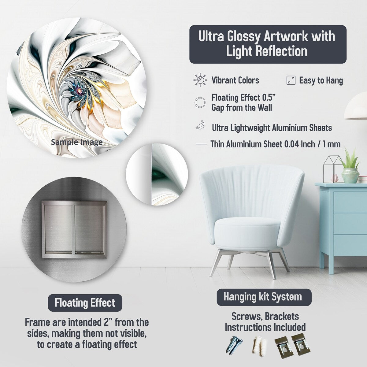 Designart Set di 5 dipinti astratti in metallo, decorazione da parete, oro e bianco