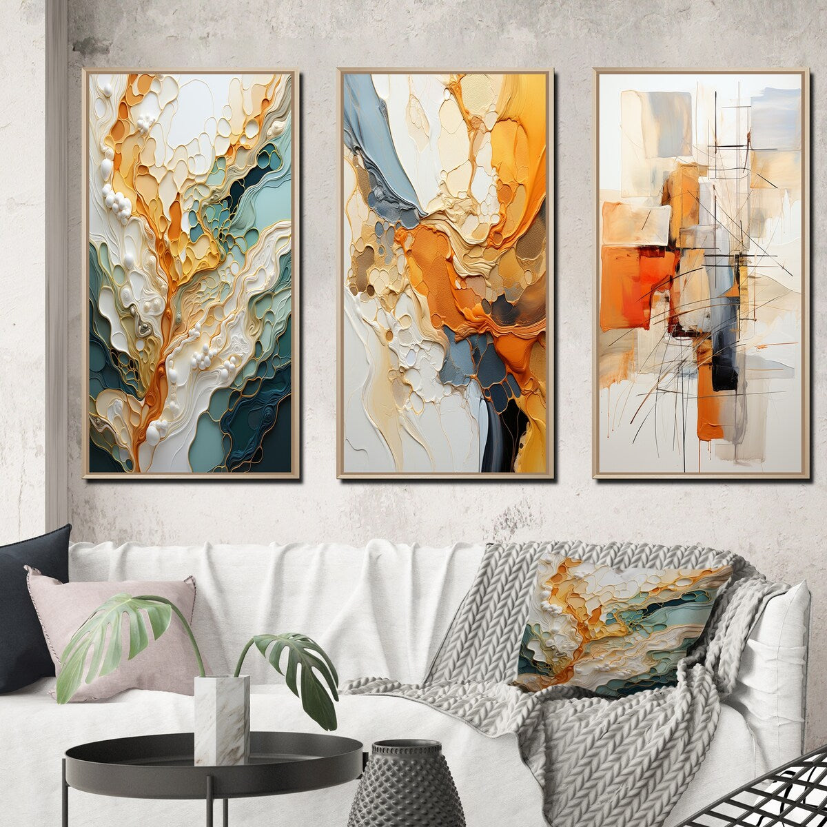 Designart Orange White Line Art Organic Abstraction Abstract Wall Art Set di 3 pezzi per l'arredamento del soggiorno