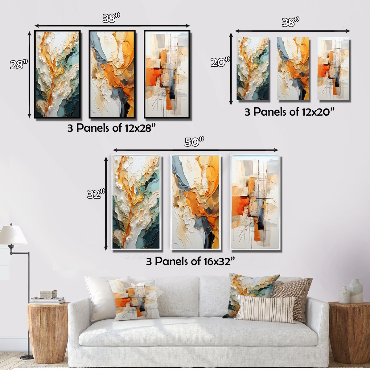 Designart Orange White Line Art Organic Abstraction Abstract Wall Art Set di 3 pezzi per l'arredamento del soggiorno