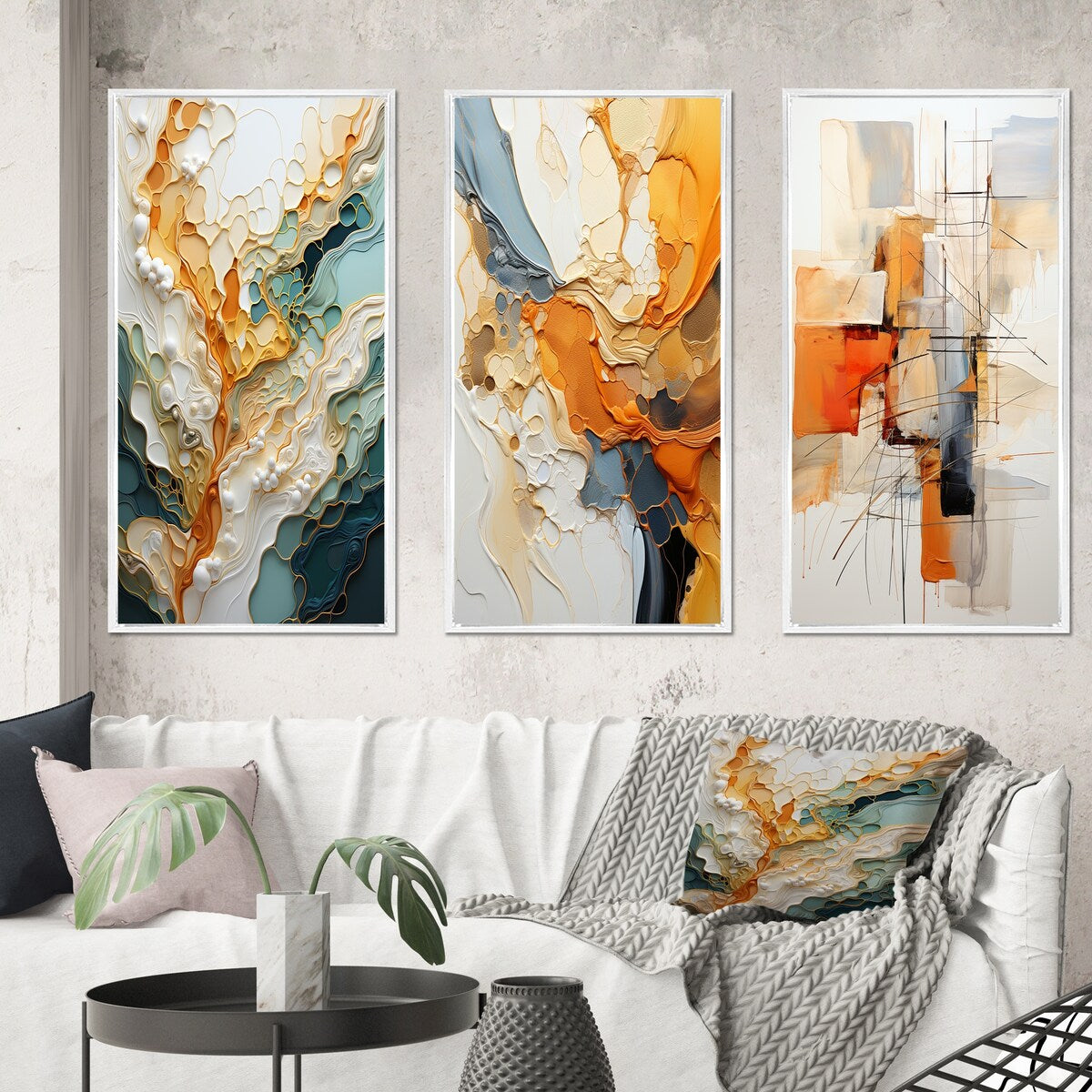 Designart Orange White Line Art Organic Abstraction Abstract Wall Art Set di 3 pezzi per l'arredamento del soggiorno