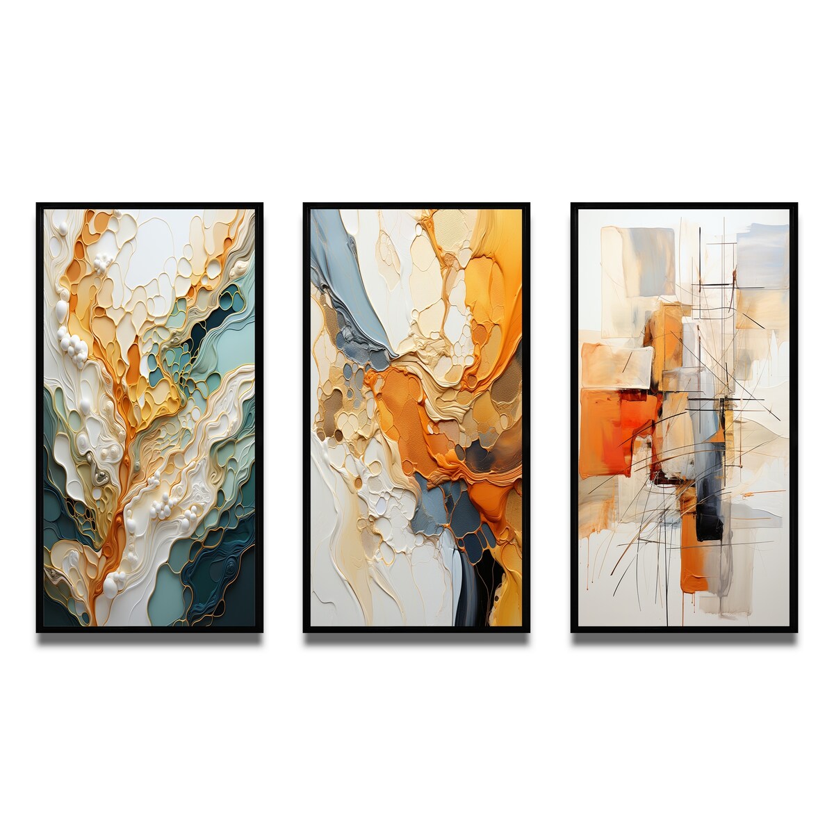 Designart Orange White Line Art Organic Abstraction Abstract Wall Art Set di 3 pezzi per l'arredamento del soggiorno