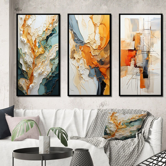 Designart Orange White Line Art Organic Abstraction Abstract Wall Art Set di 3 pezzi per l'arredamento del soggiorno