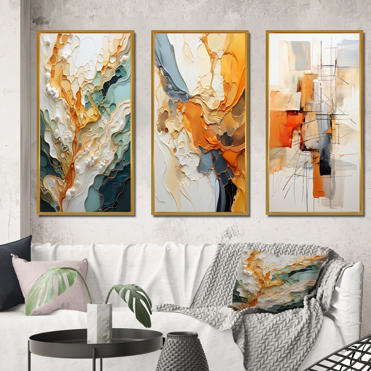 Designart Orange White Line Art Organic Abstraction Abstract Wall Art Set di 3 pezzi per l'arredamento del soggiorno