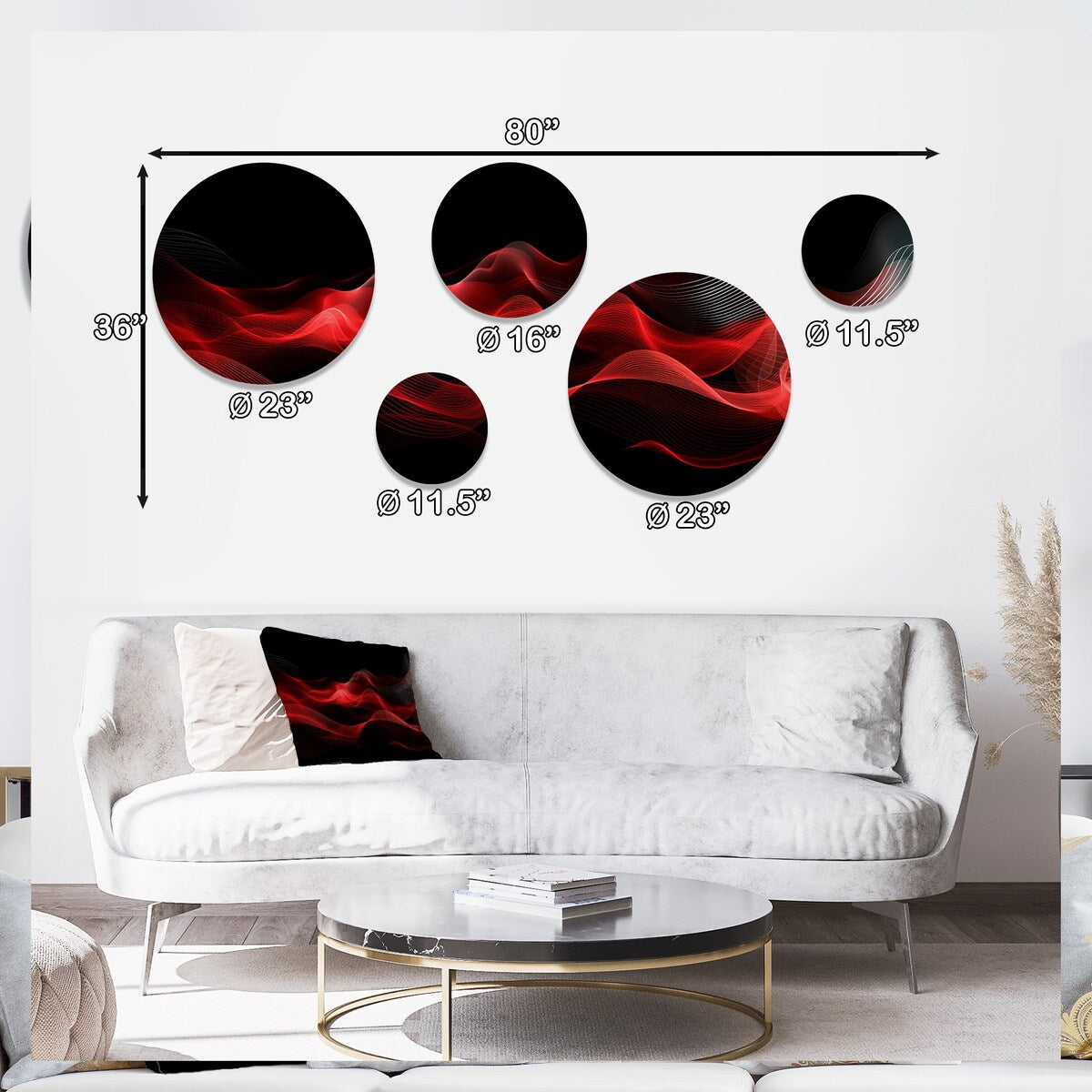 Designart Rosso Nero Contemplativo Astrazione IX Modern Waves Metallo Rotondo Arte da Parete Set di 5