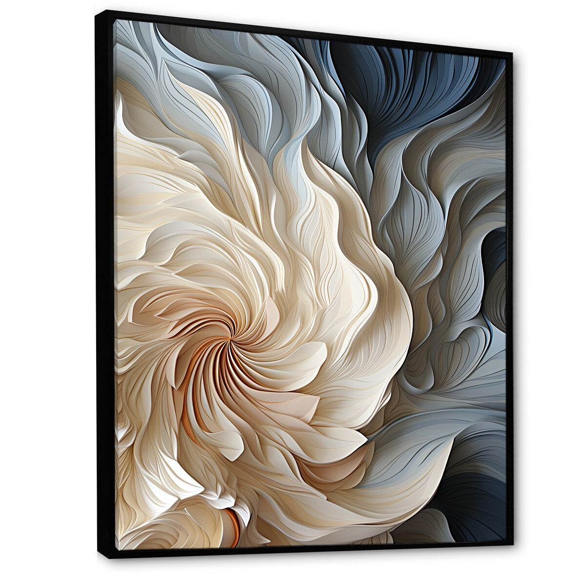 Decorazione murale astratta geometrica blu a spirale II con piume bianche e blu Designart - Decorazione murale moderna con cornice per ingresso