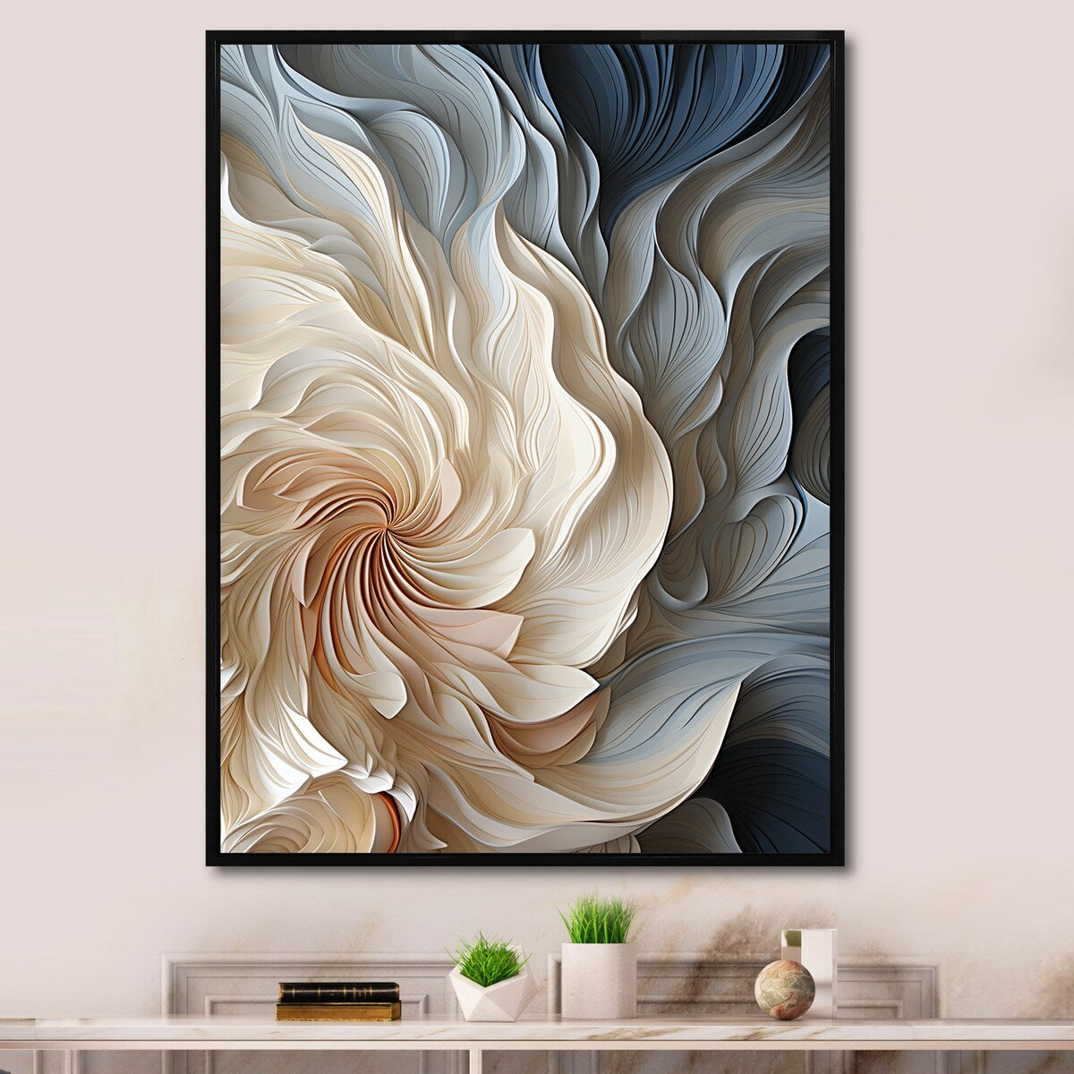 Decorazione murale astratta geometrica blu a spirale II con piume bianche e blu Designart - Decorazione murale moderna con cornice per ingresso