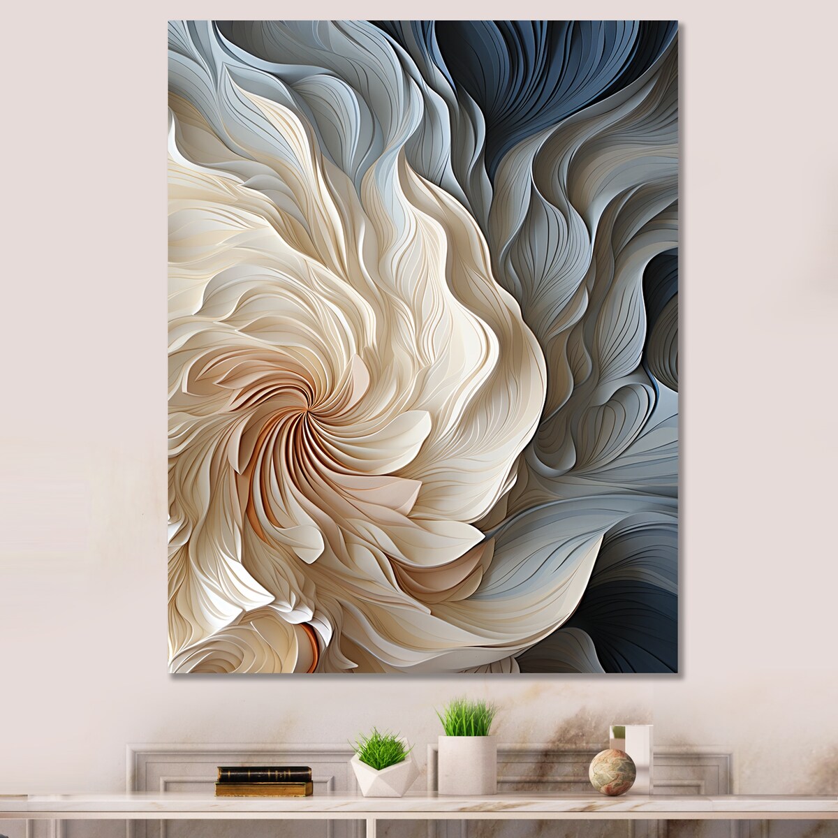 Designart White And Blue Feather Spiral II Abstract Geometric Wall Art Blue - Tela moderna avvolta per l'arredamento del corridoio