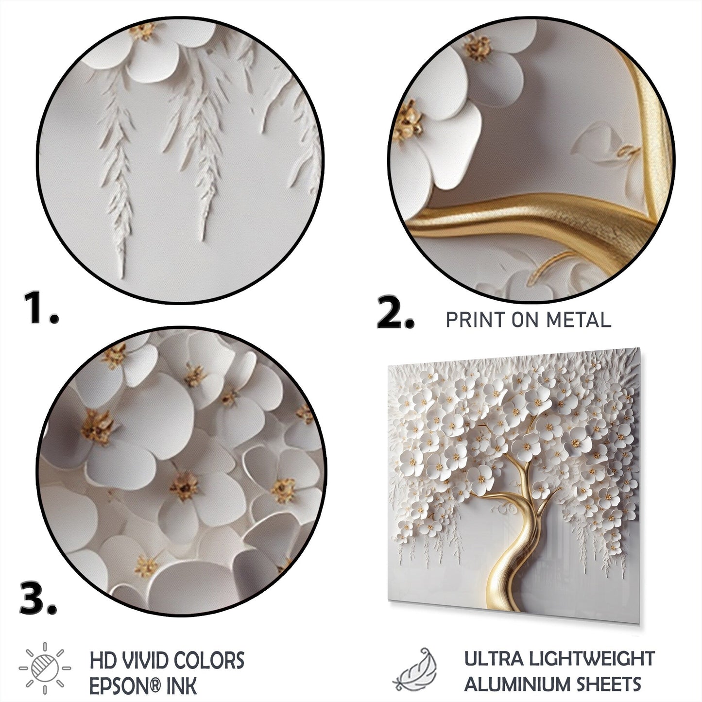 Designart White Orchid Tree Garden Of Branchs VIII Tree Floral Metal Round Wall Art Print su metallo