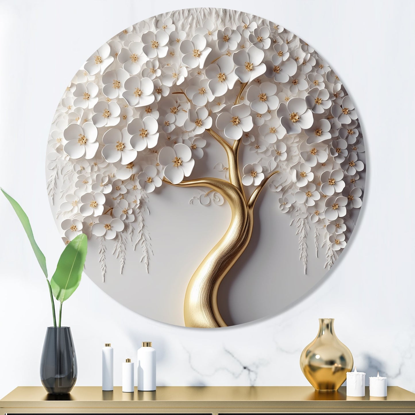 Designart White Orchid Tree Garden Of Branchs VIII Tree Floral Metal Round Wall Art Print su metallo