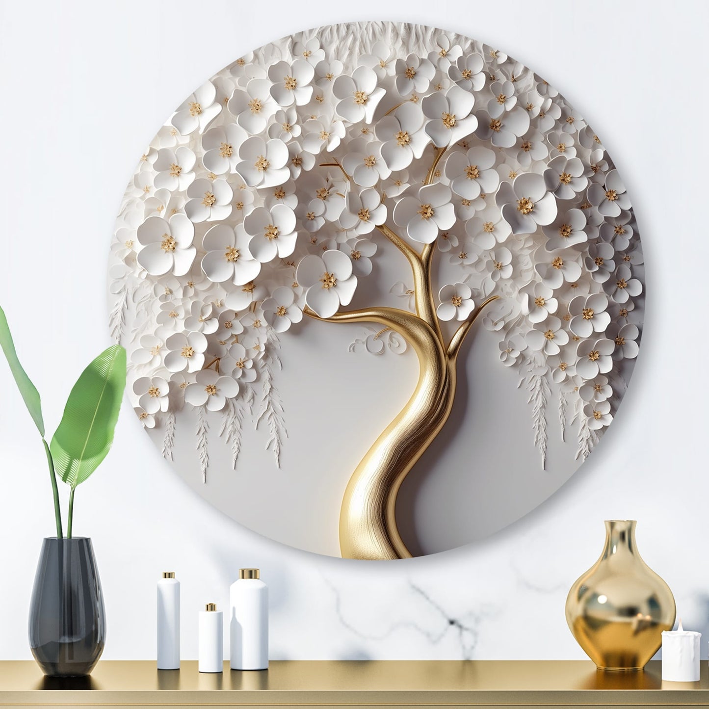 Designart White Orchid Tree Garden Of Branchs VIII Tree Floral Metal Round Wall Art Print su metallo