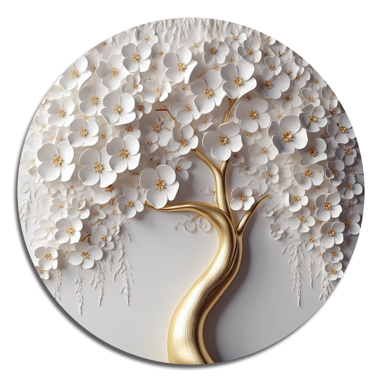 Designart White Orchid Tree Garden Of Branchs VIII Tree Floral Metal Round Wall Art Print su metallo