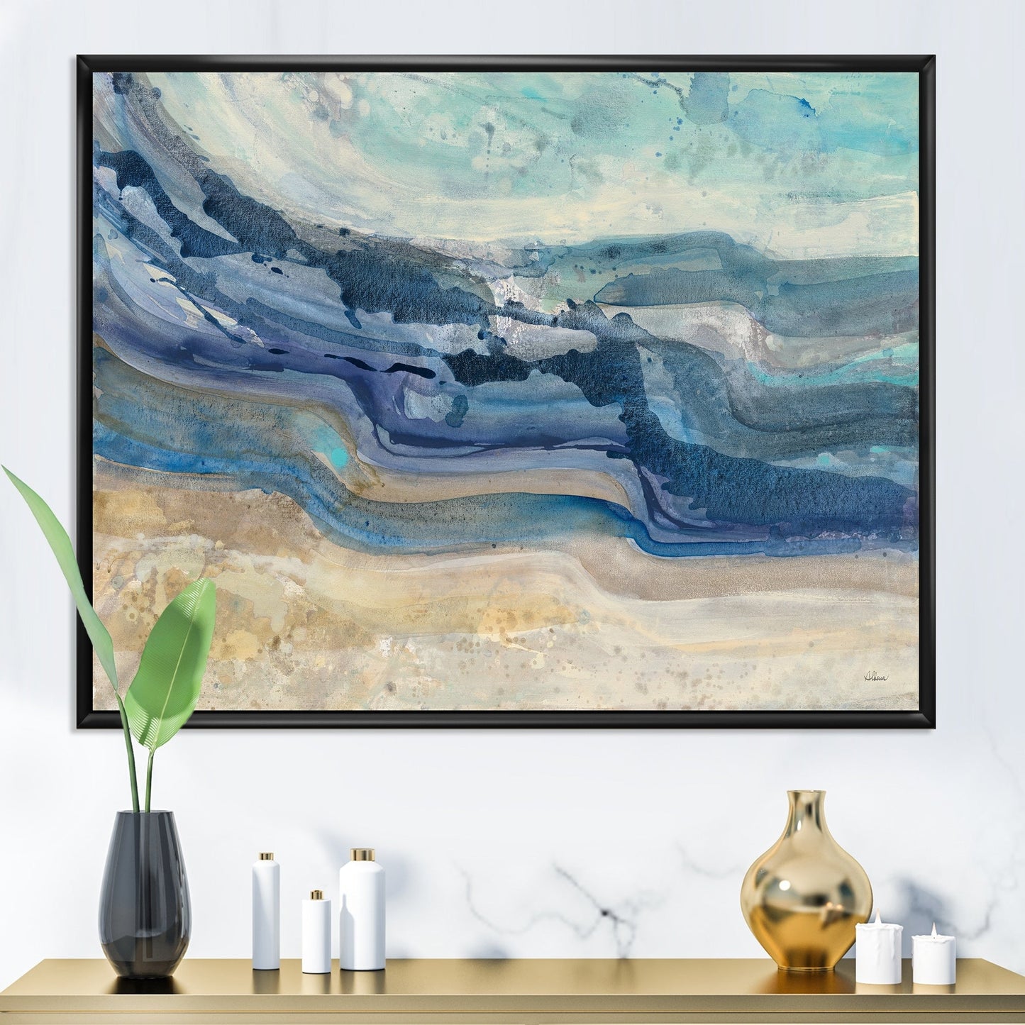 Designart Coast Blue Sea Waves Acquerello Moderno Stile Fattoria Tela Con Cornice