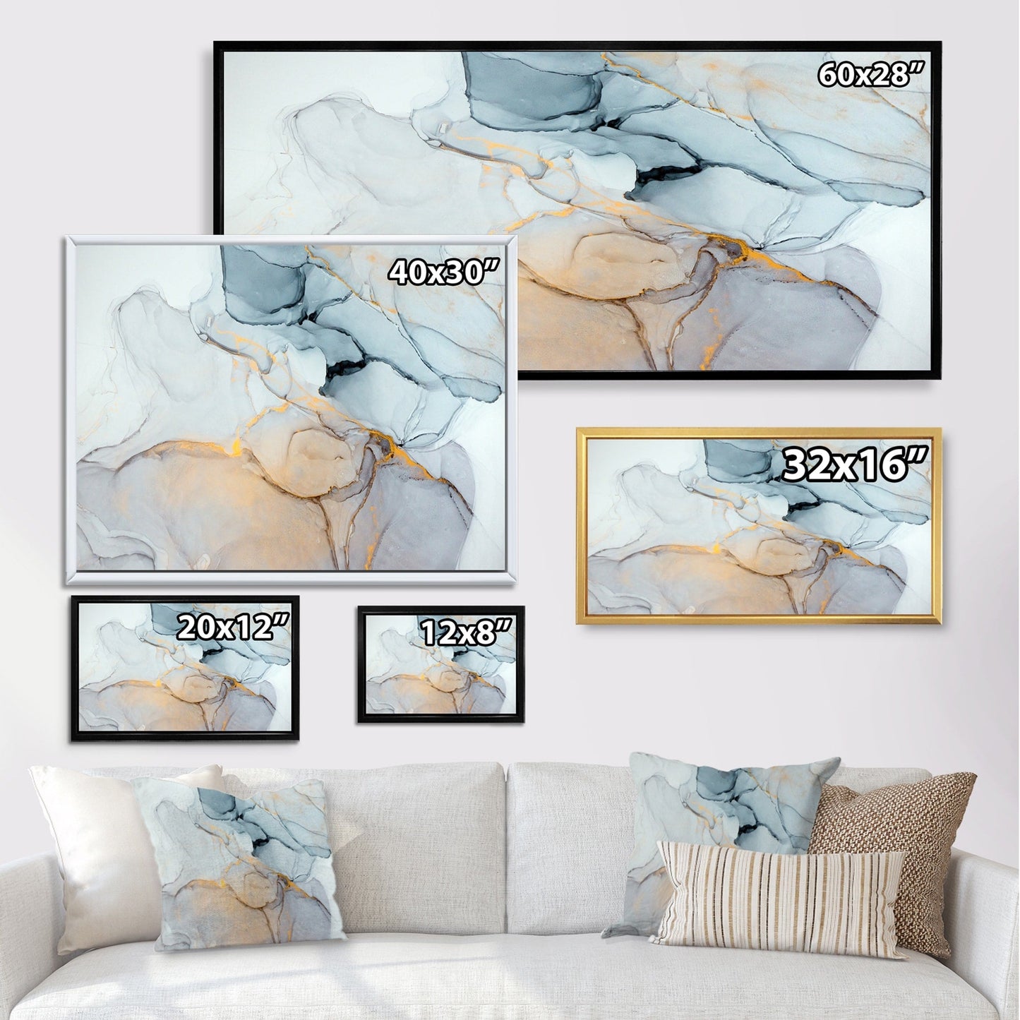 Designart Luxry Blue And Grey Marble Art Ripples II - Quadro su tela con cornice astratta