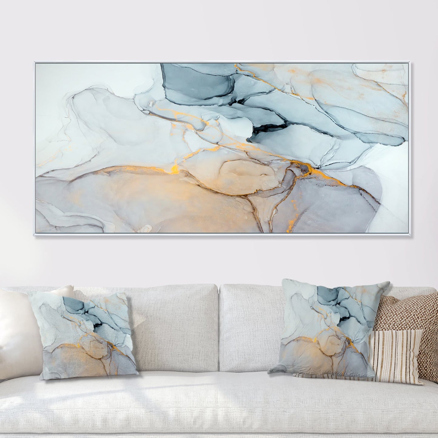 Designart Luxry Blue And Grey Marble Art Ripples II - Quadro su tela con cornice astratta