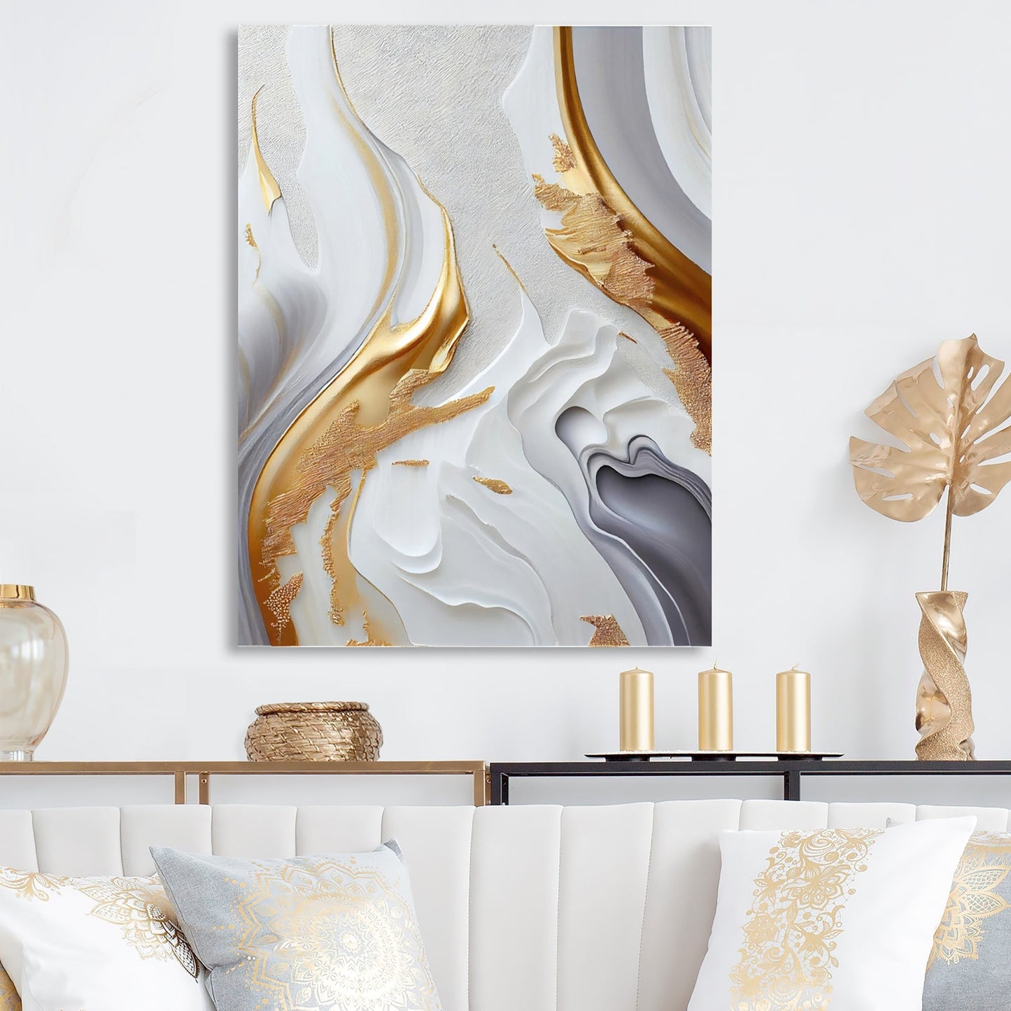 Designart 'White And Gold Marble Abstract I' - Arte moderna su tela da parete