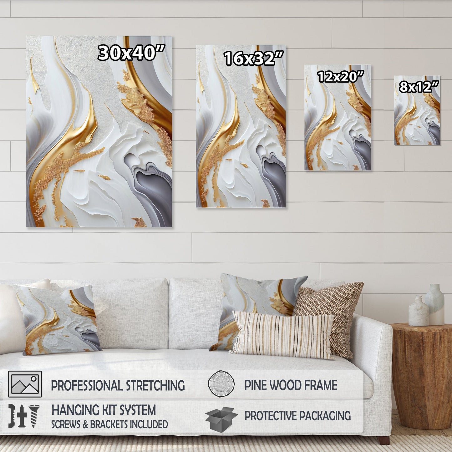 Designart 'White And Gold Marble Abstract I' - Arte moderna su tela da parete