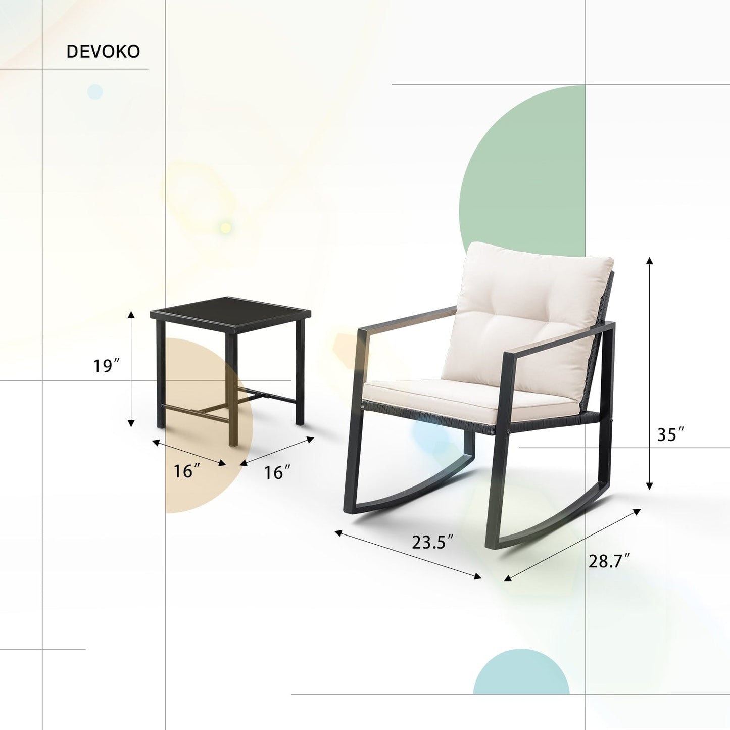 Lacoo Set da bistrot a dondolo da 3 pezzi, patio in vimini con tavolino da caffè in vetro