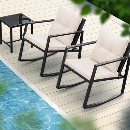 Lacoo Set da bistrot a dondolo da 3 pezzi, patio in vimini con tavolino da caffè in vetro