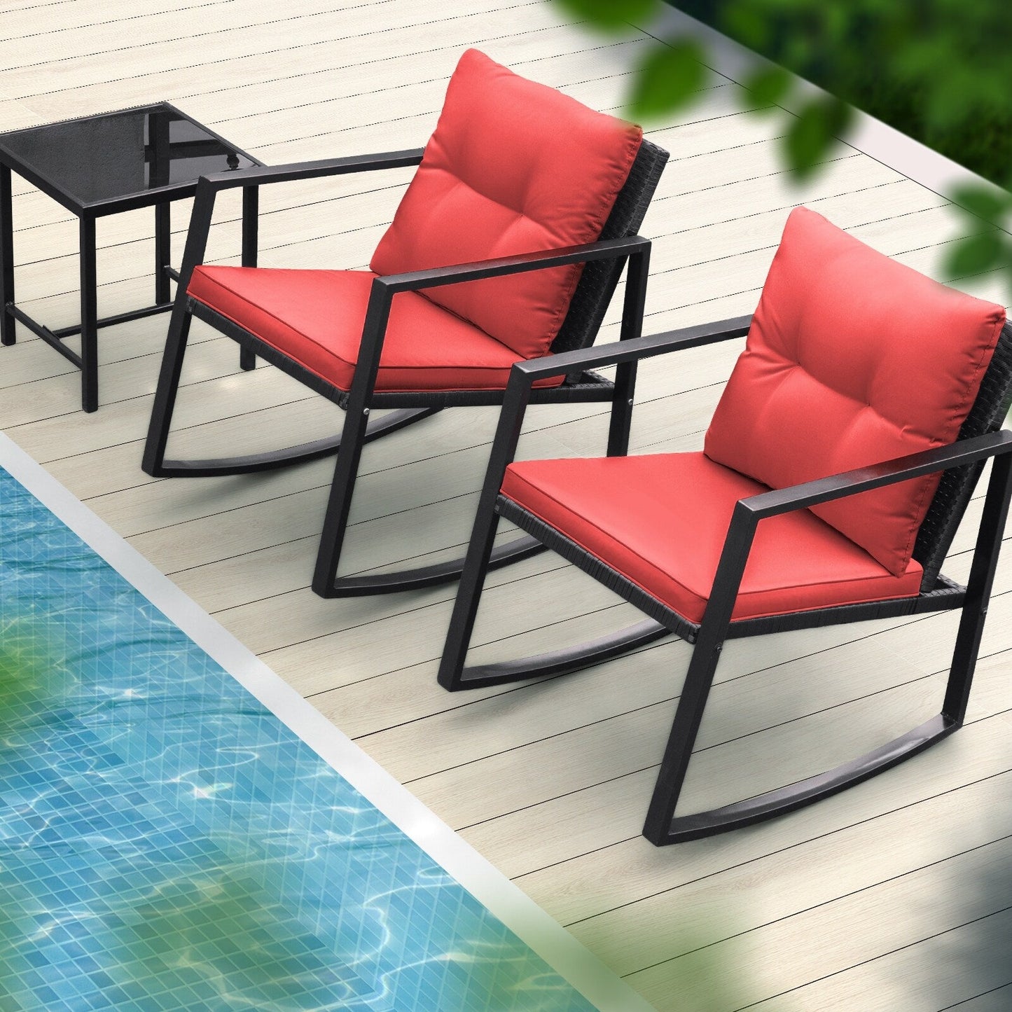 Lacoo Set da bistrot a dondolo da 3 pezzi, patio in vimini con tavolino da caffè in vetro