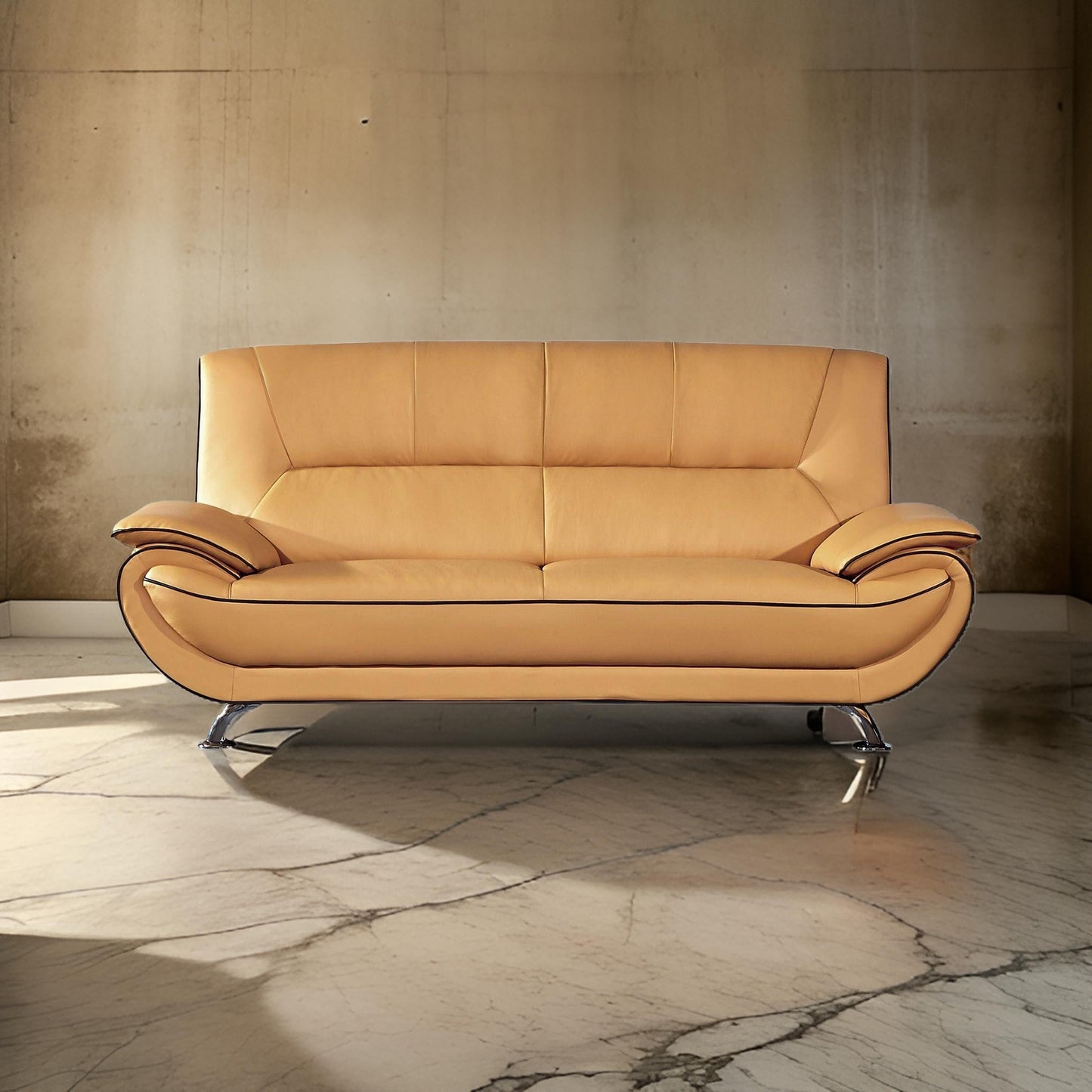 Divano Diana, nero, giallo, vera pelle, braccioli con cuscino, cromato, 83 pollici