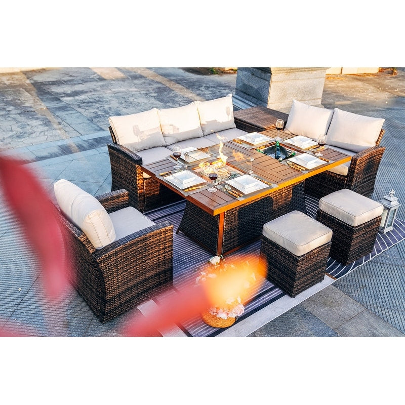 Set di divani da giardino da 7 pezzi con braciere e tavolo da pranzo con contenitore per il ghiaccio