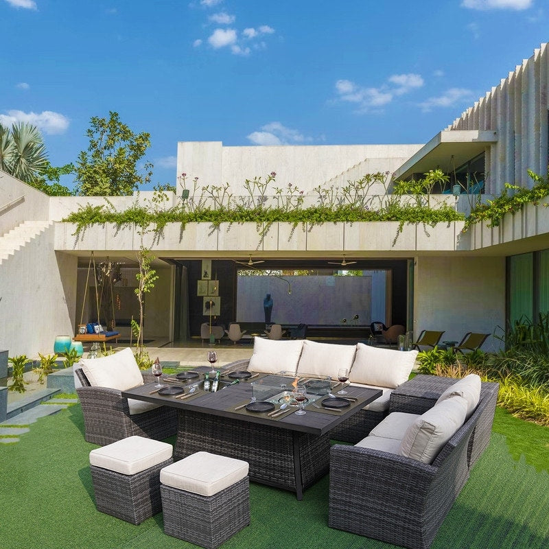 Set di divani da giardino da 7 pezzi con braciere e tavolo da pranzo con contenitore per il ghiaccio