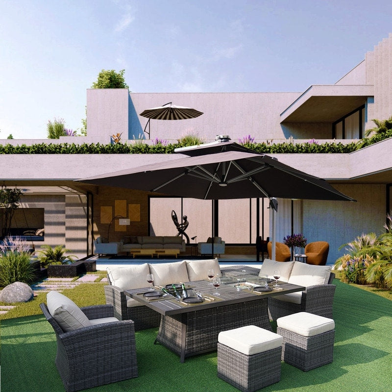 Set di divani da giardino da 7 pezzi con braciere e tavolo da pranzo con contenitore per il ghiaccio