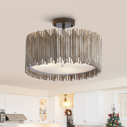 Lampada da soffitto semi-incassata a 3 luci in legno bianco anticato